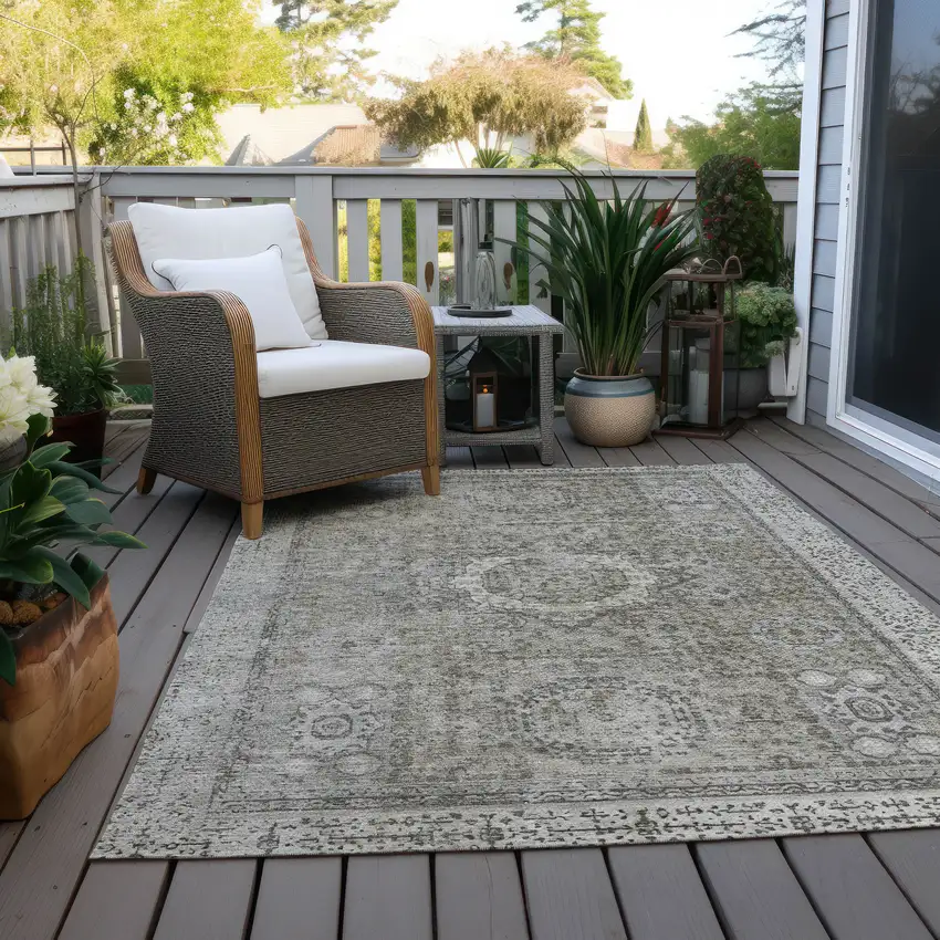 Pewter And Silver Floral Medallion Washable Indoor Outdoor Area Rug Photo 5