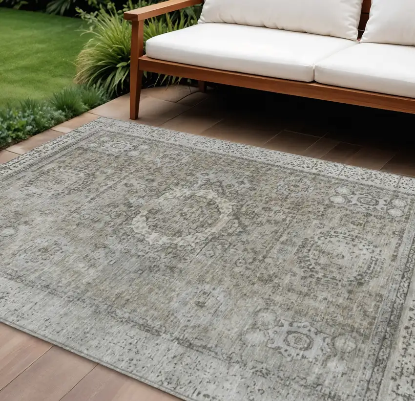Pewter And Silver Floral Medallion Washable Indoor Outdoor Area Rug Photo 2