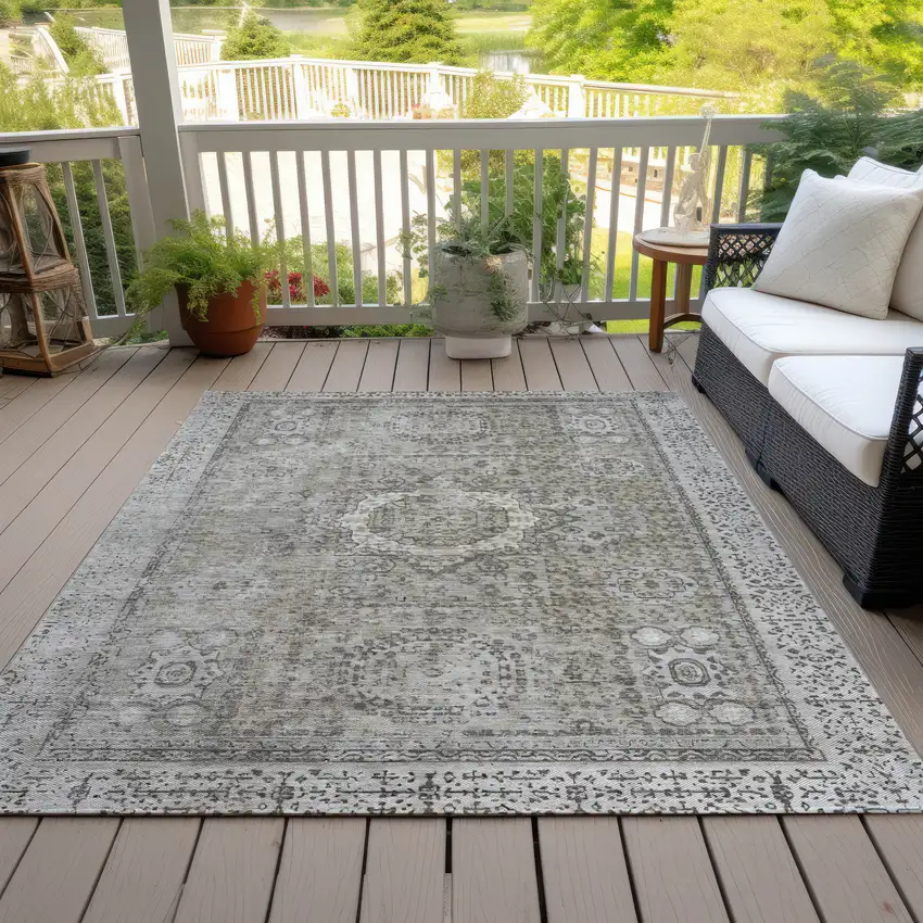 Pewter And Silver Floral Medallion Washable Indoor Outdoor Area Rug Photo 8