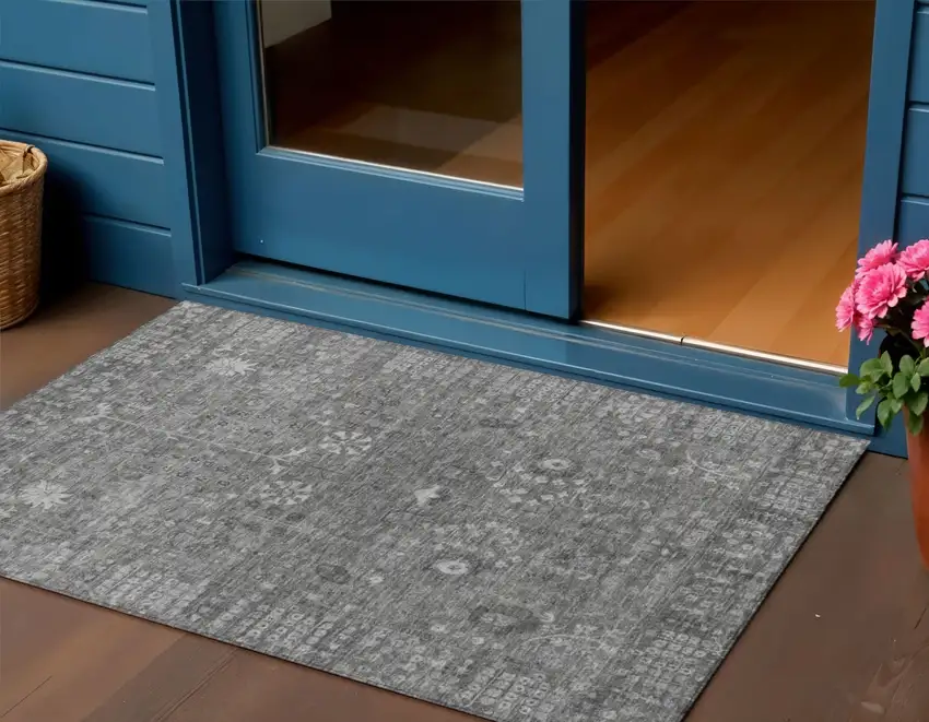 Pewter And Silver Floral Washable Indoor Outdoor Area Rug Photo 1