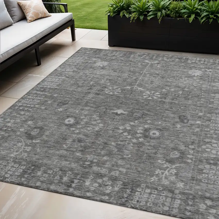 Pewter And Silver Floral Washable Indoor Outdoor Area Rug Photo 1