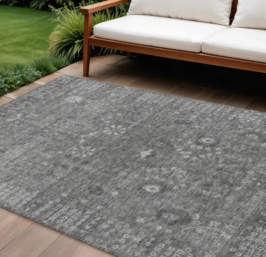 Pewter And Silver Floral Washable Indoor Outdoor Area Rug Photo 1
