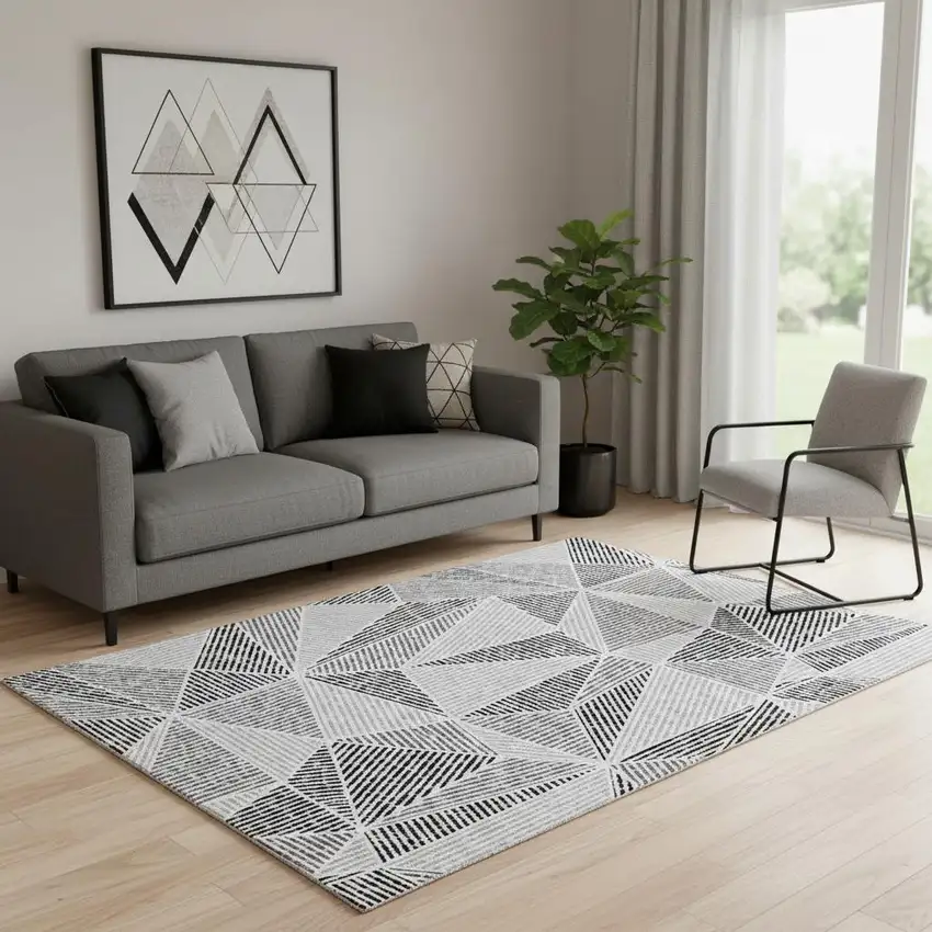 Pewter And Silver Geometric Washable Area Rug With UV Protection Photo 1