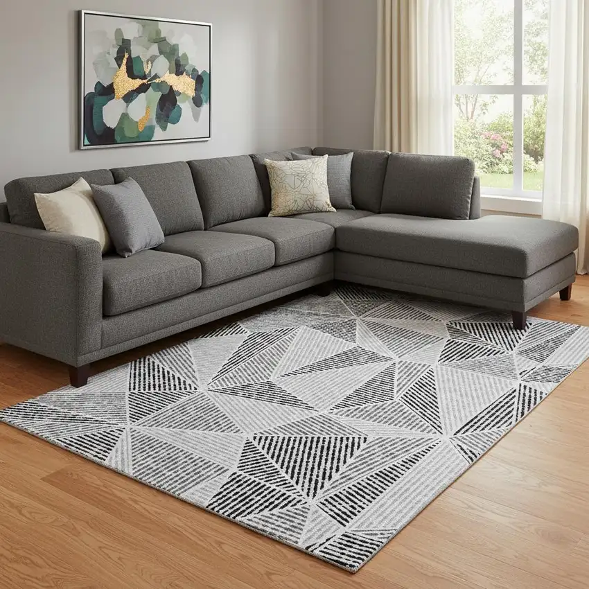 Pewter And Silver Geometric Washable Area Rug With UV Protection Photo 1