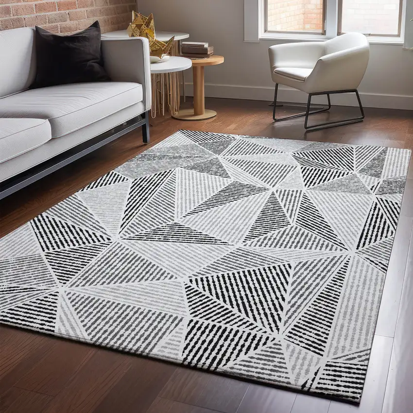 Pewter And Silver Geometric Washable Area Rug With UV Protection Photo 4