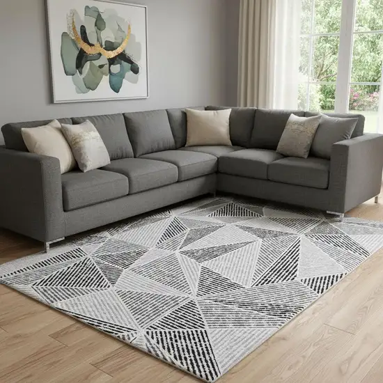 Pewter And Silver Geometric Washable Area Rug With UV Protection Photo 1