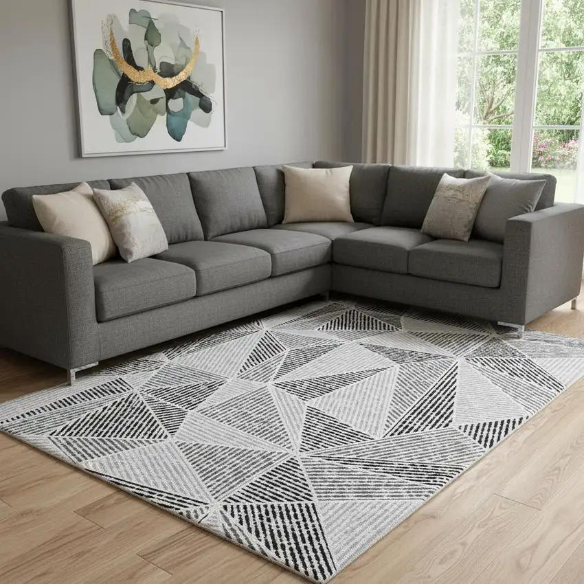 Pewter And Silver Geometric Washable Area Rug With UV Protection Photo 1