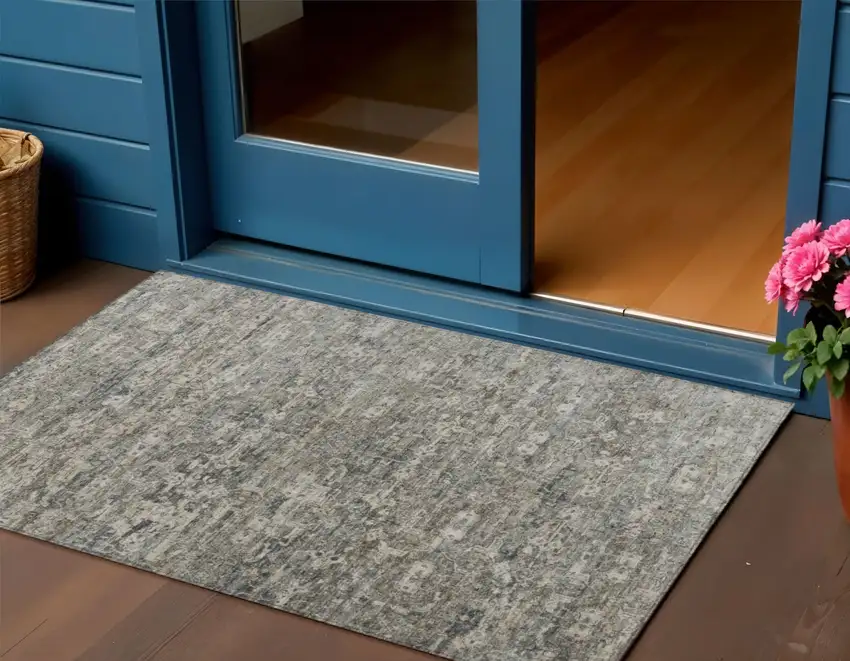 Pewter And Silver Ikat Washable Indoor Outdoor Area Rug Photo 1