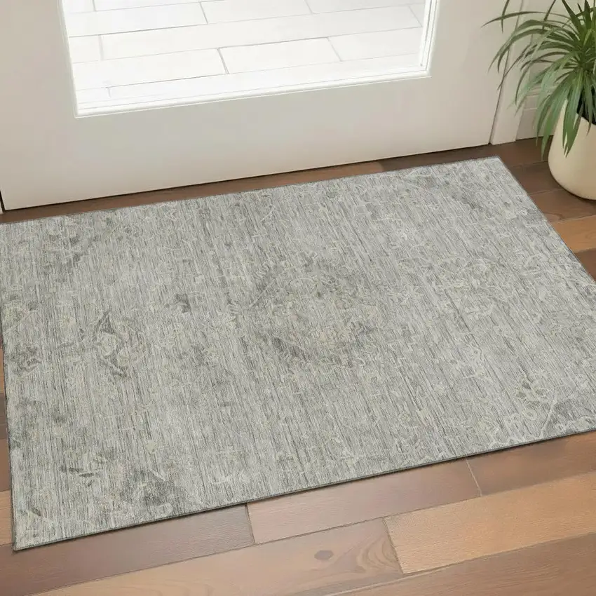 Pewter And Silver Medallion Washable Area Rug With UV Protection Photo 1