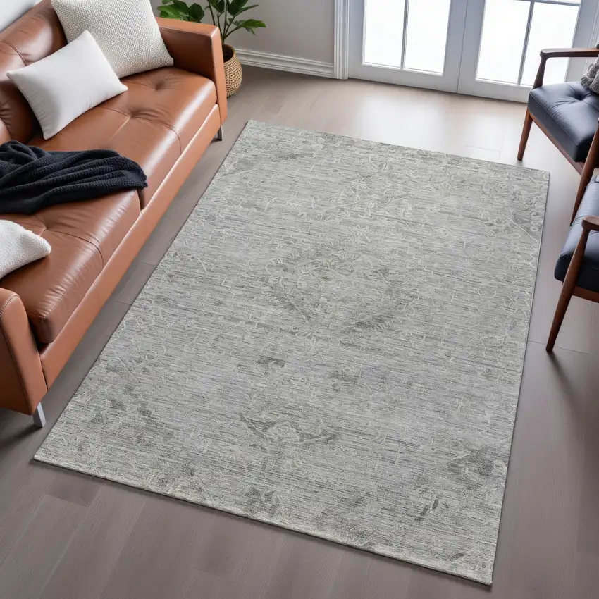 Pewter And Silver Medallion Washable Area Rug With UV Protection Photo 4