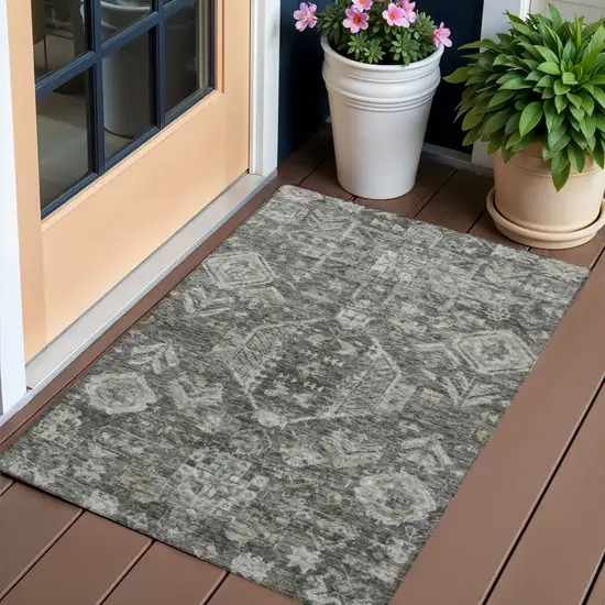 Pewter And Silver Medallion Washable Indoor Outdoor Area Rug Photo 1