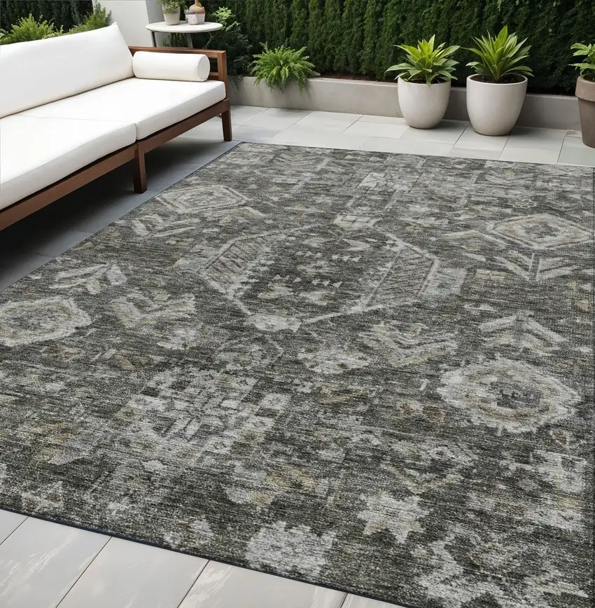 Pewter And Silver Medallion Washable Indoor Outdoor Area Rug Photo 1