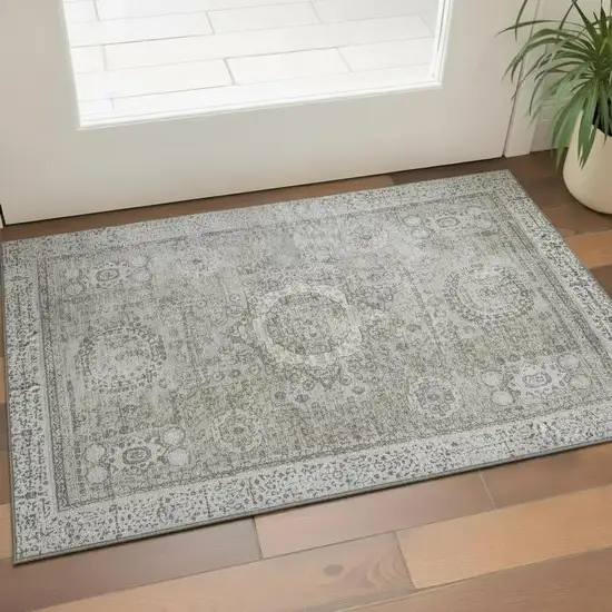 Pewter And Silver Oriental Washable Area Rug With UV Protection Photo 2