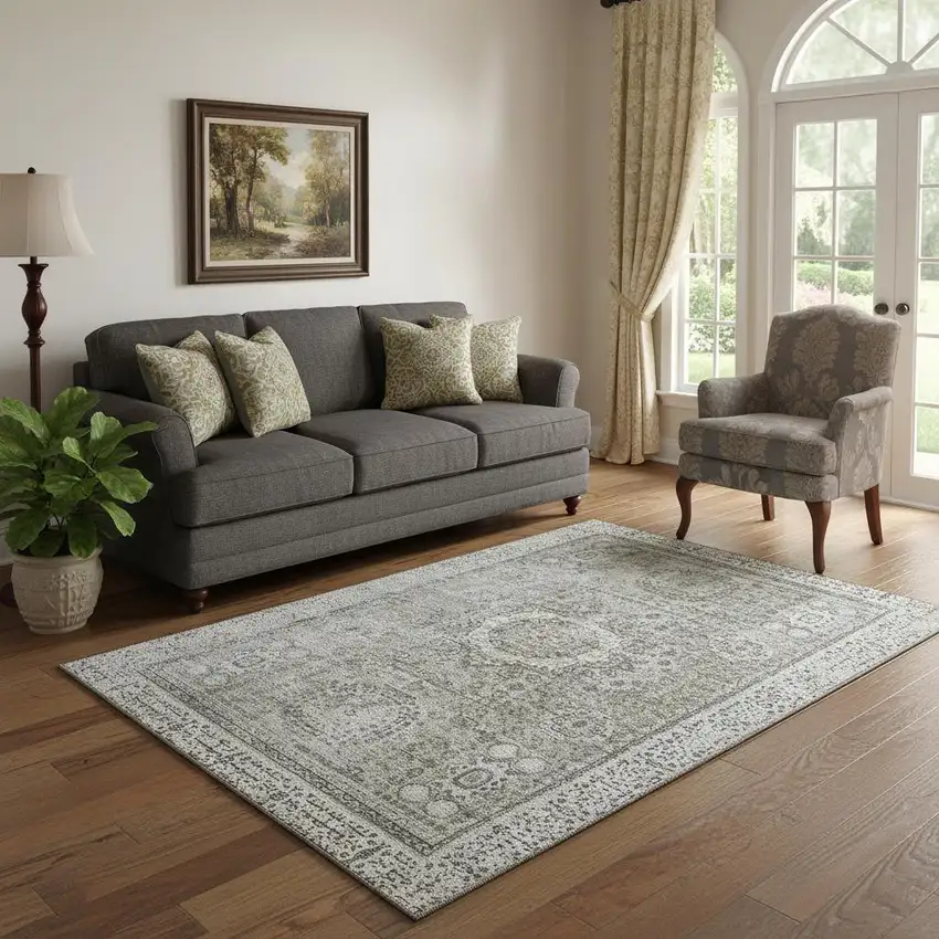 Pewter And Silver Oriental Washable Area Rug With UV Protection Photo 2