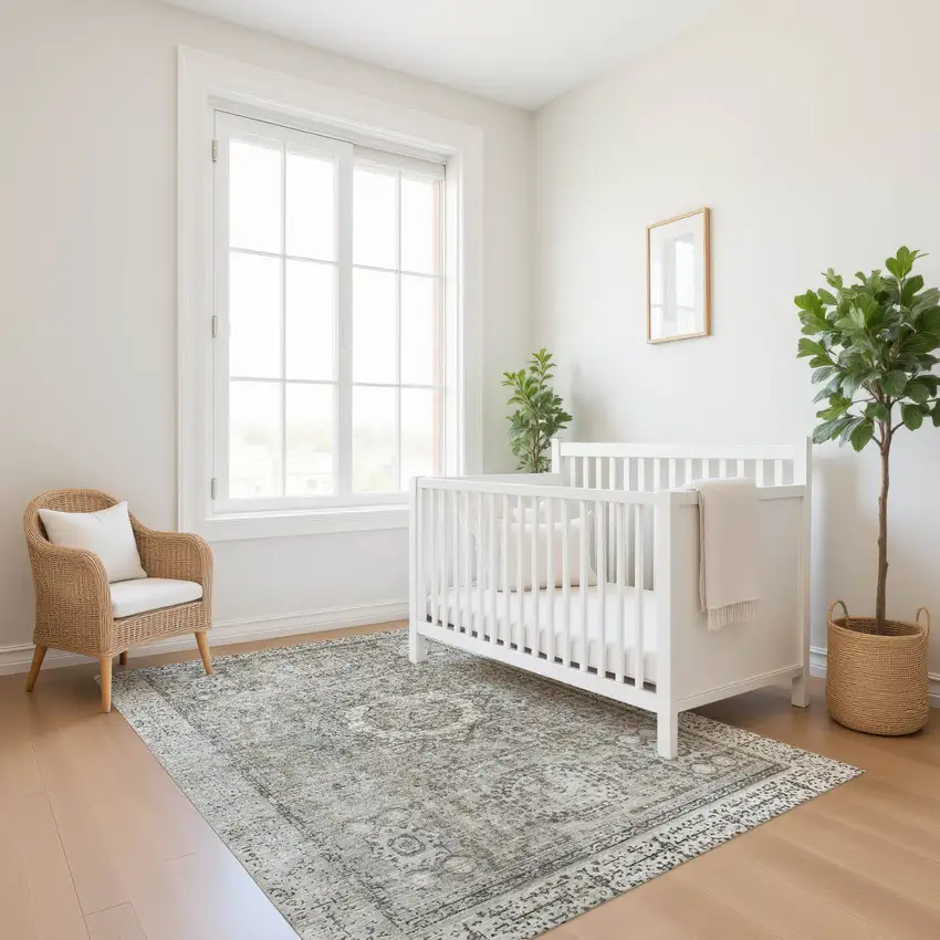 Pewter And Silver Oriental Washable Area Rug With UV Protection Photo 6