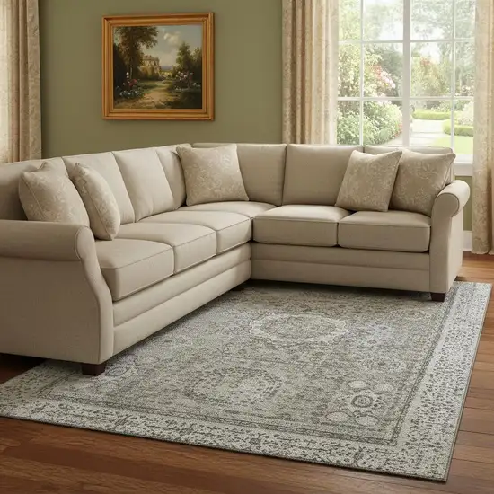 Pewter And Silver Oriental Washable Area Rug With UV Protection Photo 2