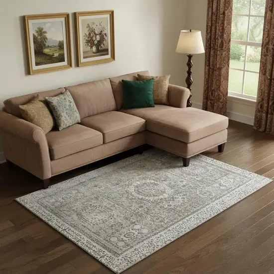 Pewter And Silver Oriental Washable Area Rug With UV Protection Photo 2