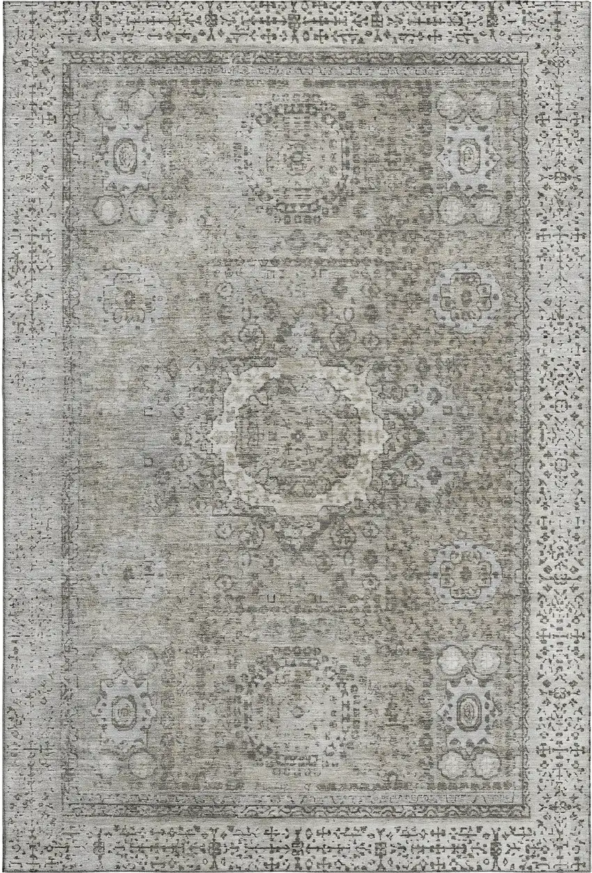 Pewter And Silver Oriental Washable Area Rug With UV Protection Photo 1