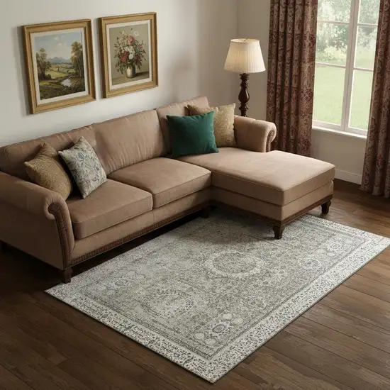 Pewter And Silver Oriental Washable Area Rug With UV Protection Photo 2