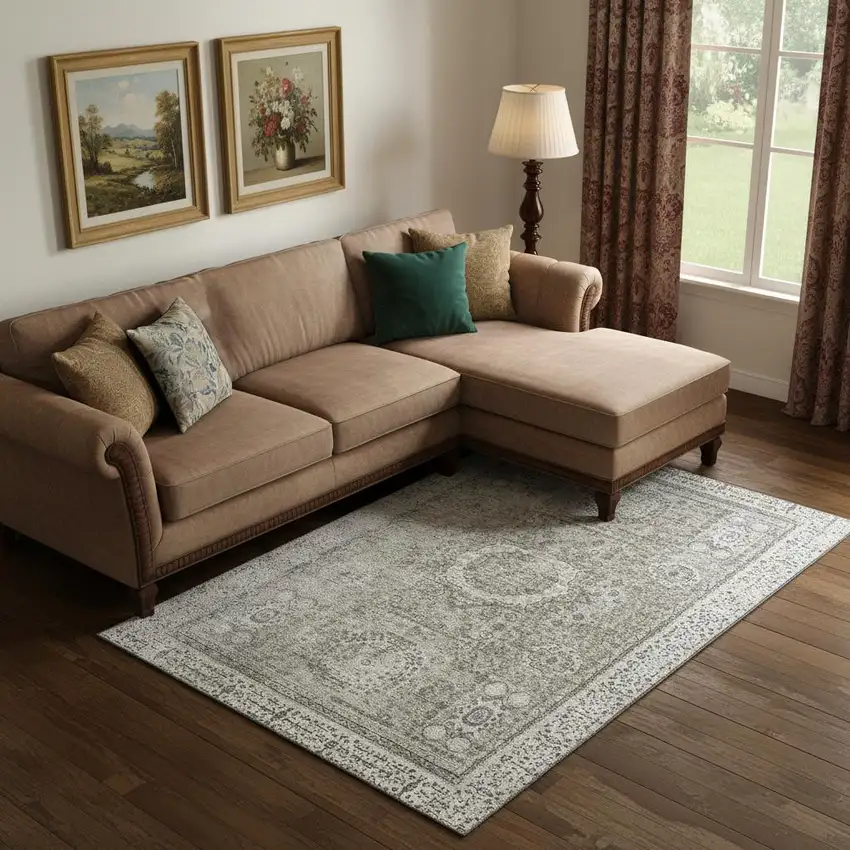 Pewter And Silver Oriental Washable Area Rug With UV Protection Photo 2