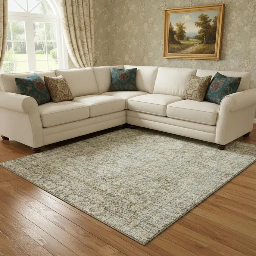 Pewter And Silver Oriental Washable Area Rug With UV Protection Photo 2