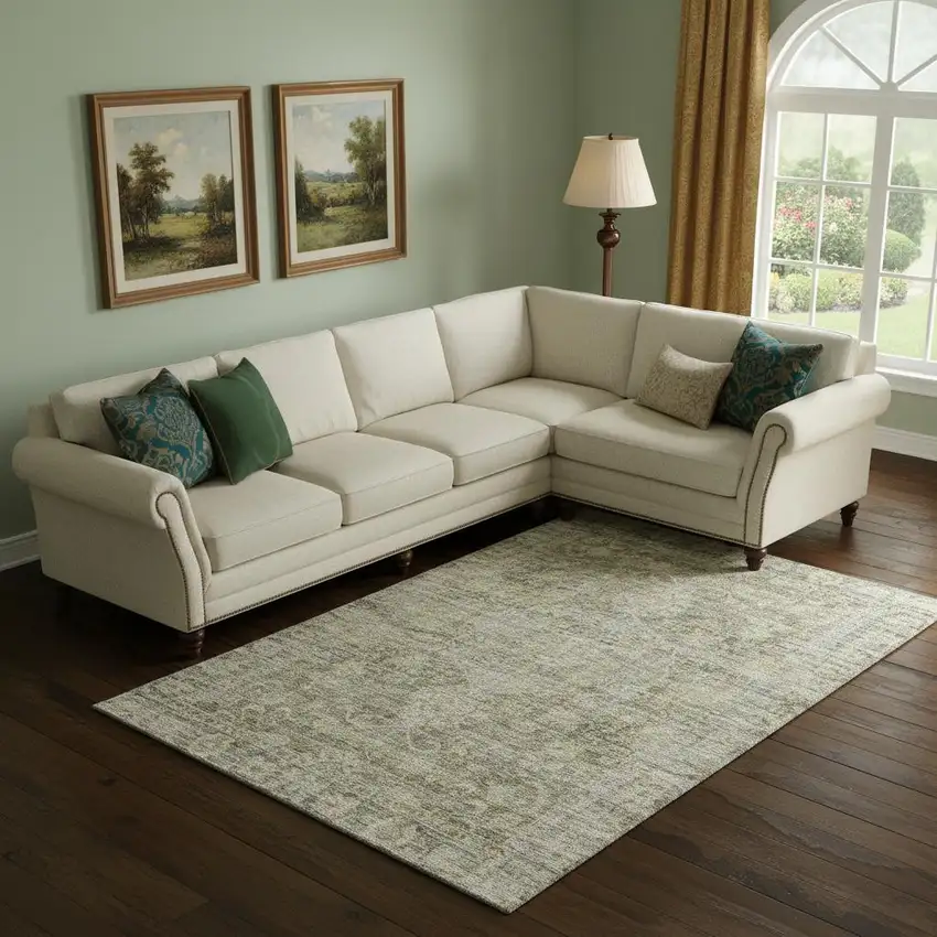 Pewter And Silver Oriental Washable Area Rug With UV Protection Photo 2