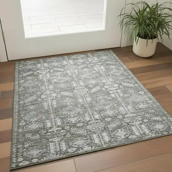 Pewter And Silver Oriental Washable Area Rug With UV Protection Photo 2