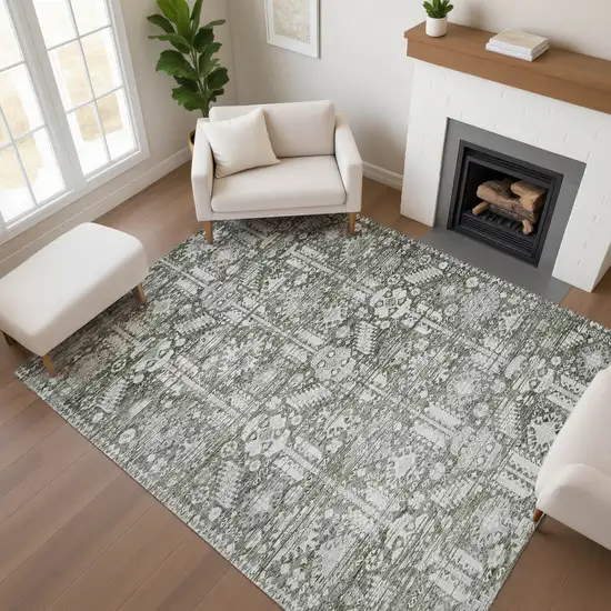 Pewter And Silver Oriental Washable Area Rug With UV Protection Photo 4