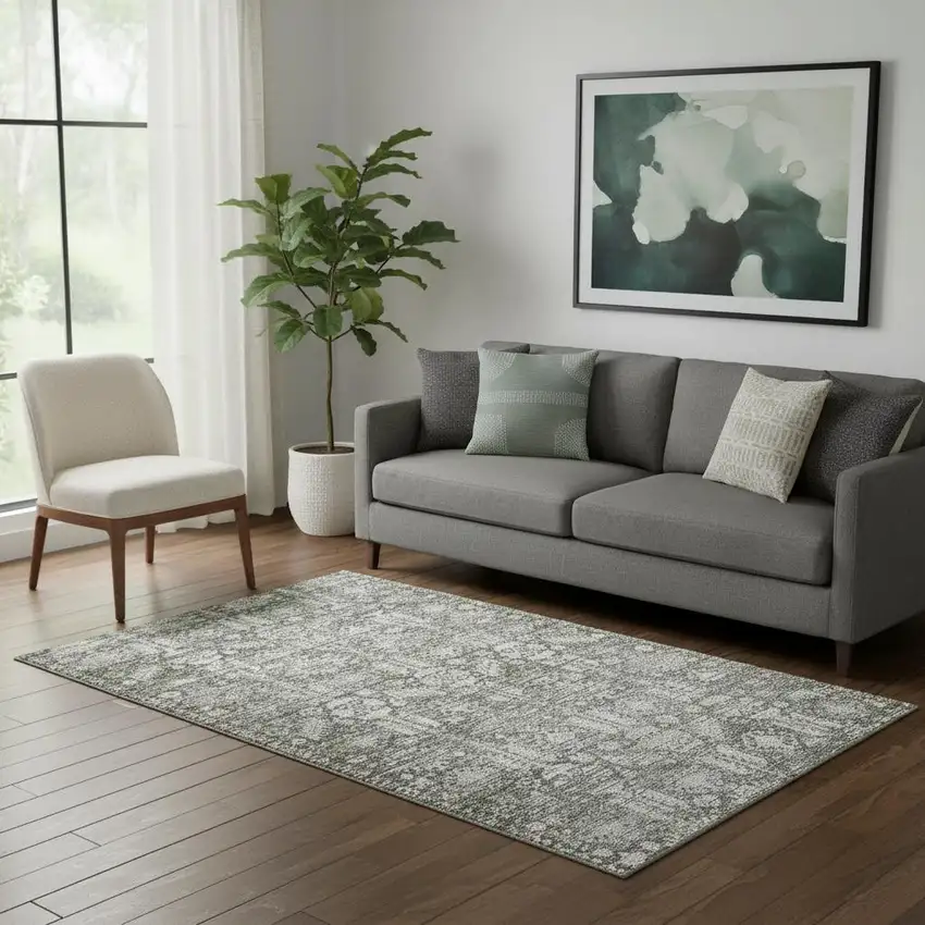 Pewter And Silver Oriental Washable Area Rug With UV Protection Photo 2