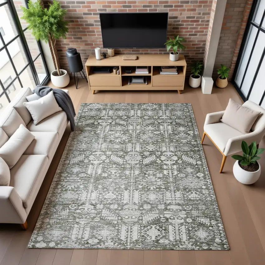 Pewter And Silver Oriental Washable Area Rug With UV Protection Photo 5