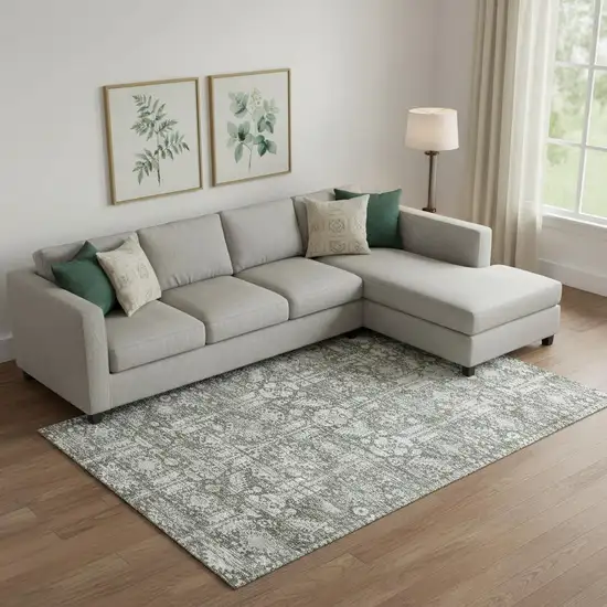 Pewter And Silver Oriental Washable Area Rug With UV Protection Photo 2