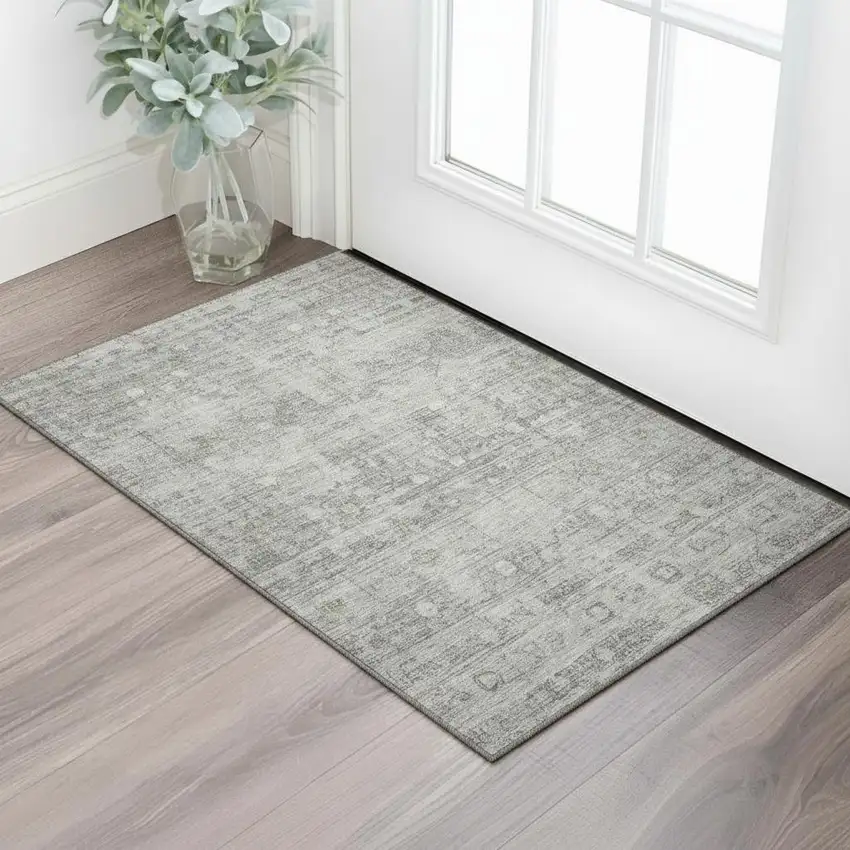 Pewter And Taupe Geometric Washable Area Rug With UV Protection Photo 2