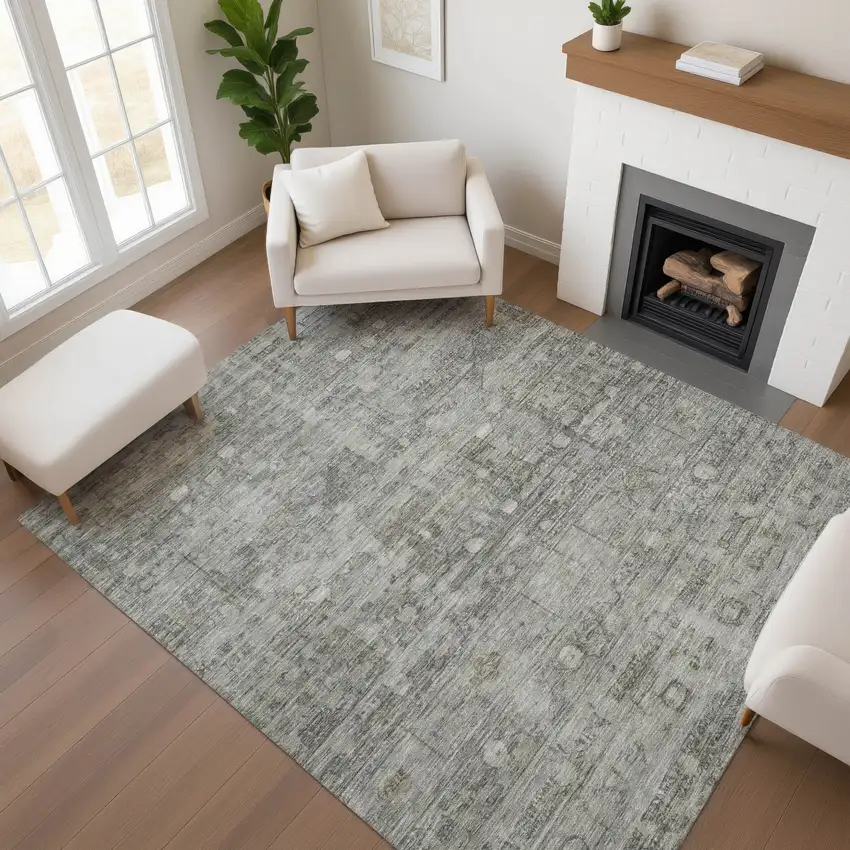 Pewter And Taupe Geometric Washable Area Rug With UV Protection Photo 4