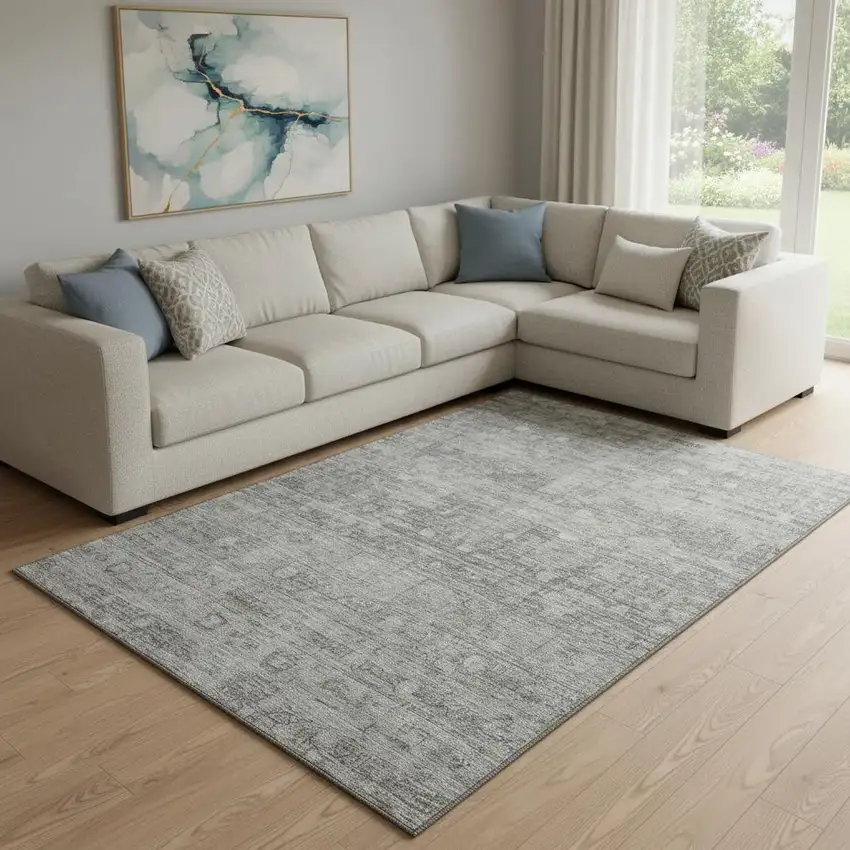 Pewter And Taupe Geometric Washable Area Rug With UV Protection Photo 2