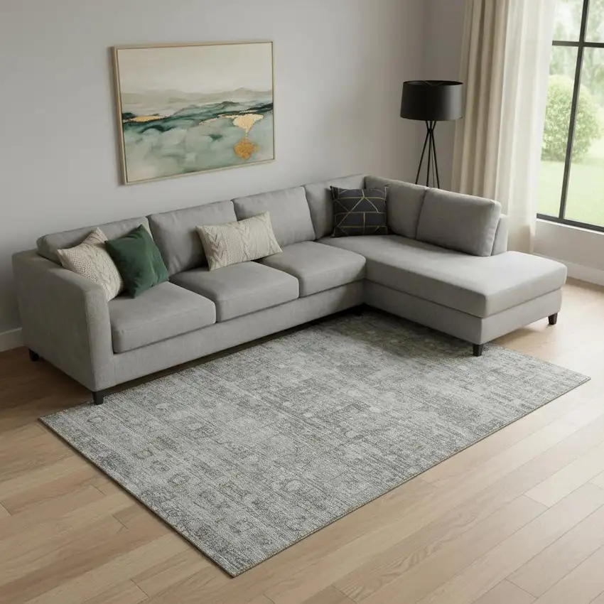 Pewter And Taupe Geometric Washable Area Rug With UV Protection Photo 2