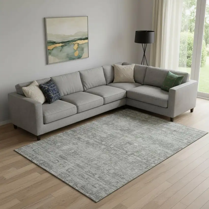 Pewter And Taupe Geometric Washable Area Rug With UV Protection Photo 2