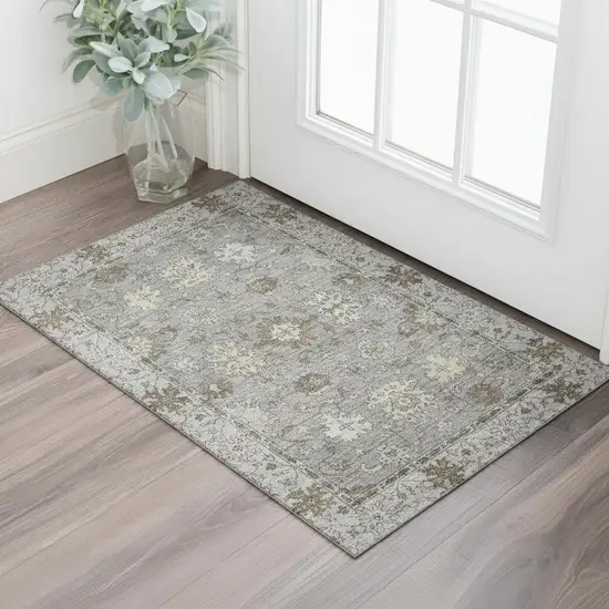 Pewter And Taupe Oriental Washable Area Rug With UV Protection Photo 2