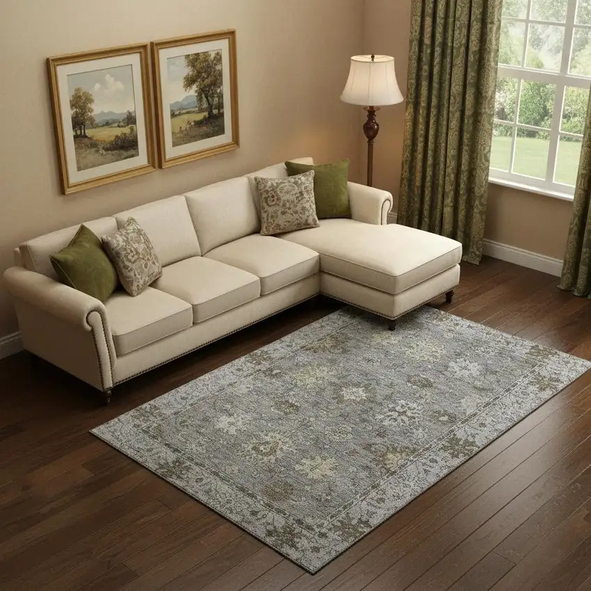 Pewter And Taupe Oriental Washable Area Rug With UV Protection Photo 2