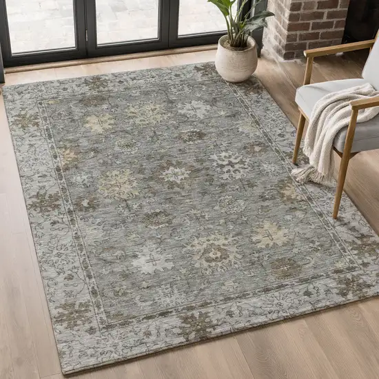 Pewter And Taupe Oriental Washable Area Rug With UV Protection Photo 5