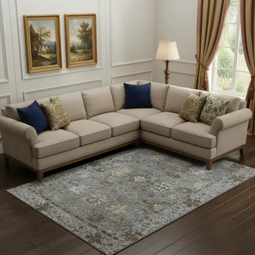 Pewter And Taupe Oriental Washable Area Rug With UV Protection Photo 2