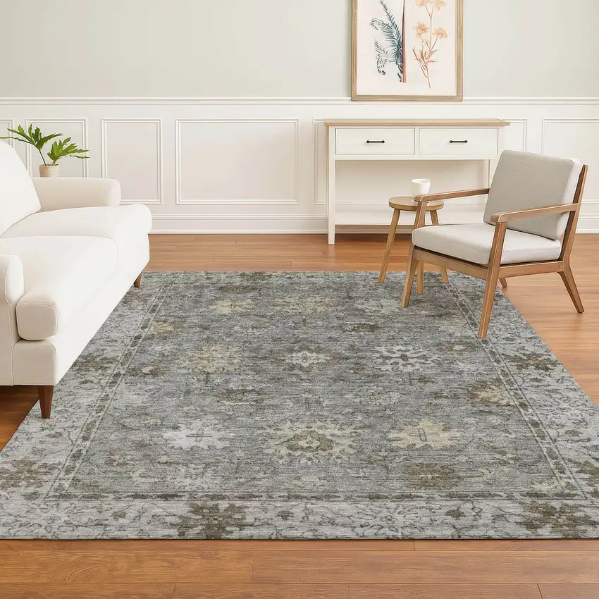 Pewter And Taupe Oriental Washable Area Rug With UV Protection Photo 6
