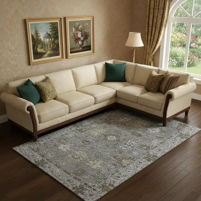 Pewter And Taupe Oriental Washable Area Rug With UV Protection Photo 2