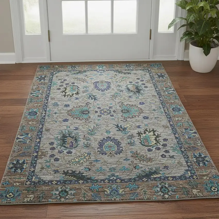 Pewter And Teal Oriental Washable Area Rug With UV Protection Photo 2