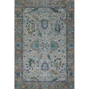 Photo of Pewter And Teal Oriental Washable Area Rug With UV Protection