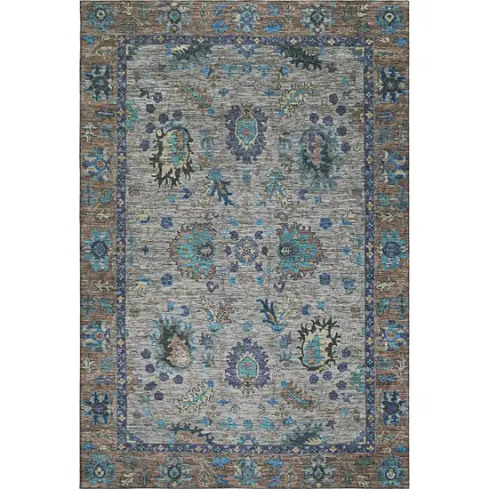 Pewter And Teal Oriental Washable Area Rug With UV Protection Photo 1