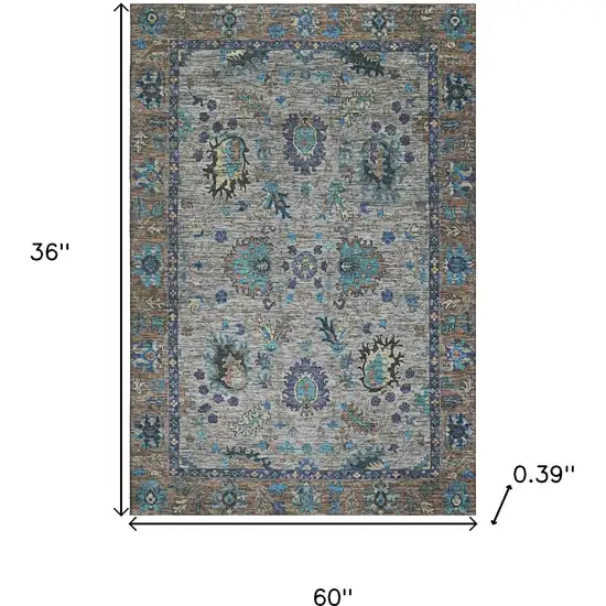 Pewter And Teal Oriental Washable Area Rug With UV Protection Photo 8