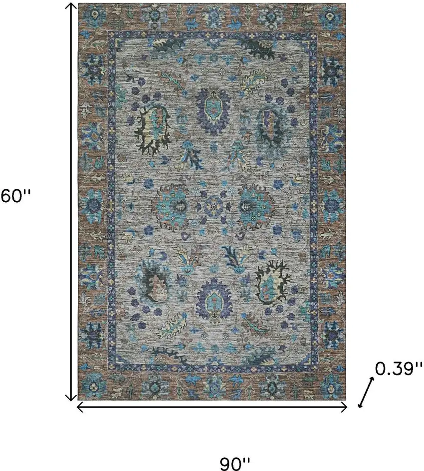 Pewter And Teal Oriental Washable Area Rug With UV Protection Photo 8