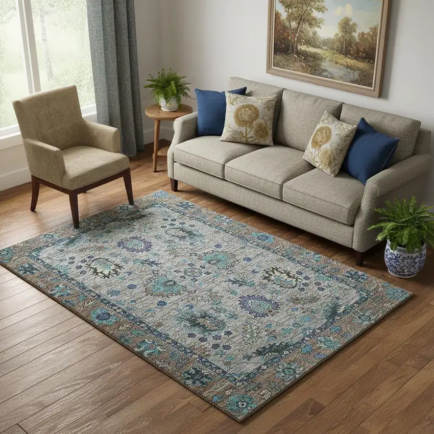Pewter And Teal Oriental Washable Area Rug With UV Protection Photo 2