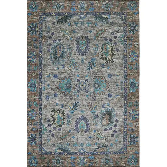 Pewter And Teal Oriental Washable Area Rug With UV Protection Photo 4