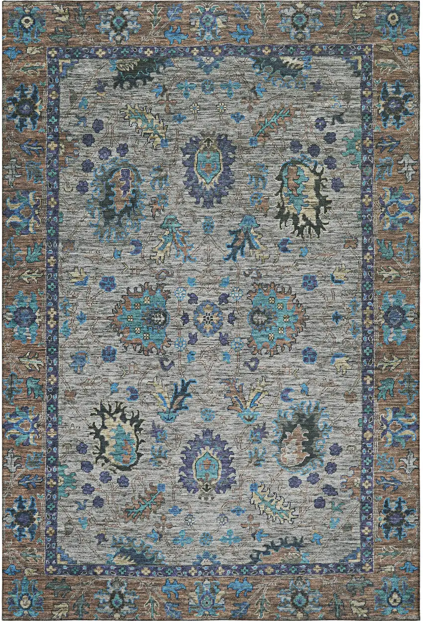 Pewter And Teal Oriental Washable Area Rug With UV Protection Photo 4